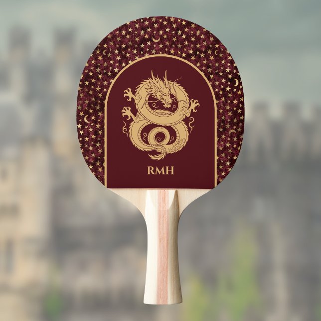 Gold Dragon and Medieval Stars and Moon on Maroon Ping Pong Paddle (Creator Uploaded)