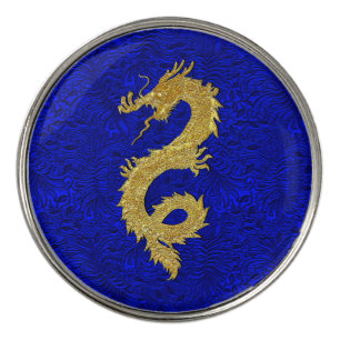 Gold Dragon Blue Patina Background Golf Ball Marker