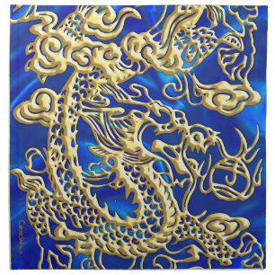 Gold Dragon Blue Satin Lush Napkins