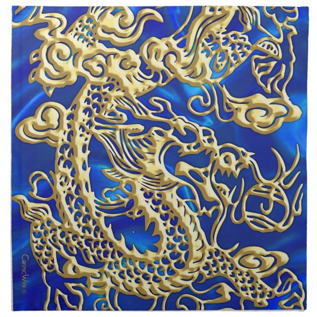 Gold Dragon Blue Satin Lush Napkins (Front)