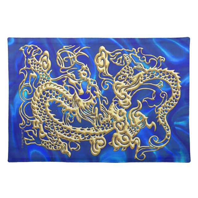 Gold Dragon Blue Satin Lush Placemat (Front)