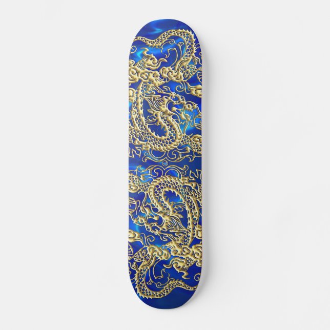 Gold Dragon Blue Satin Lush Skateboard Deck (Front)