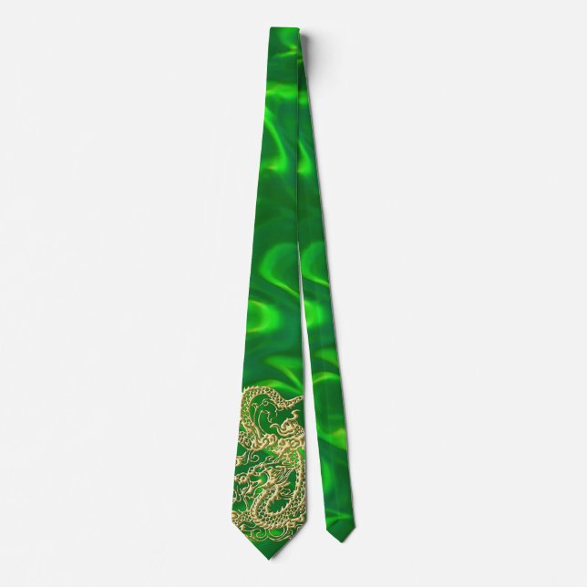Gold Dragon Green Satin Lush Tie (Front)
