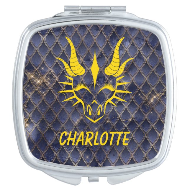 Gold Dragon Head & Blue Dragon Scale Background Compact Mirror (Front)