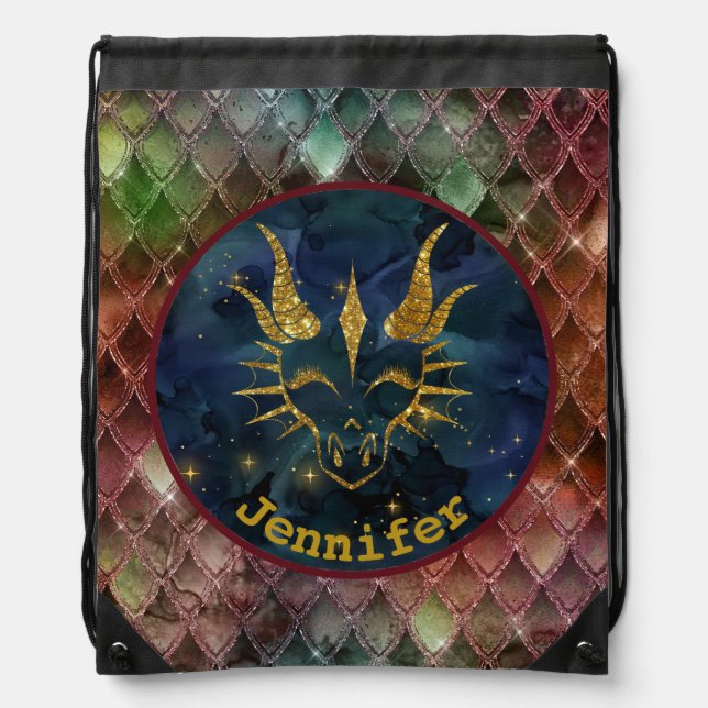 Gold Dragon Head & Colourful Scales Drawstring Bag (Front)