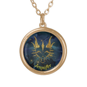 Gold Dragon Head on a Blue Galaxy Background Plated Necklace