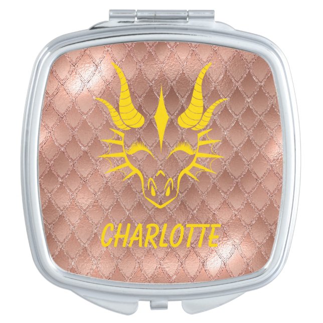Gold Dragon Head & Pink Dragon Scale Background Compact Mirror (Front)