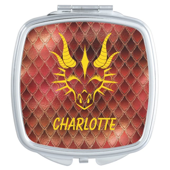 Gold Dragon Head & Red Dragon Scale Background Compact Mirror (Front)