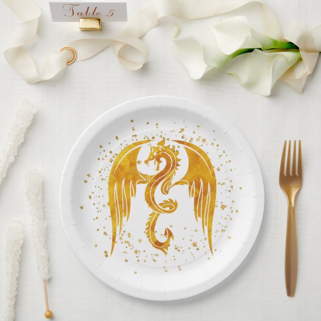Gold Dragon In The Stars Paper Plates (Wedding)