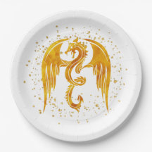 Gold Dragon In The Stars Paper Plates