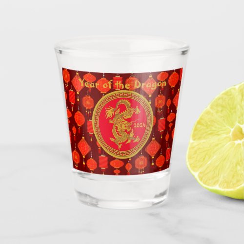 Gold dragon medallion with lanterns  shot glass