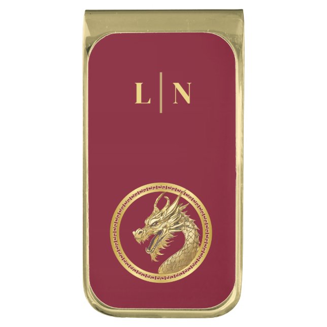Gold Dragon-Monogram- Gold Finish Money Clip (Front Vertical)