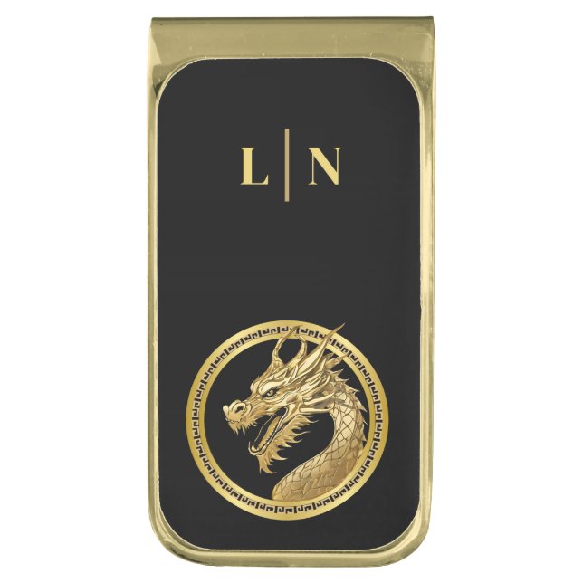 Gold Dragon-Monogram- Gold Finish Money Clip (Front Vertical)