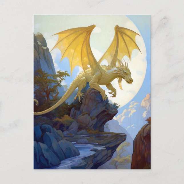Gold Dragon On A Cliff Fantasy Art Postcard (Front)