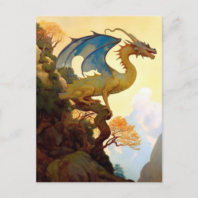 Gold Dragon On A Cliff Fantasy Art Postcard (Front)