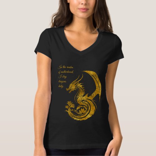 Gold dragon on black with flowers T_Shirt