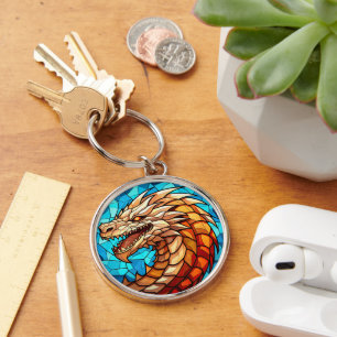 Gold Dragon on Blue Stained Glass Keychain