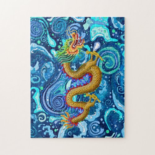 Gold Dragon on Blue Waves Jigsaw Puzzle