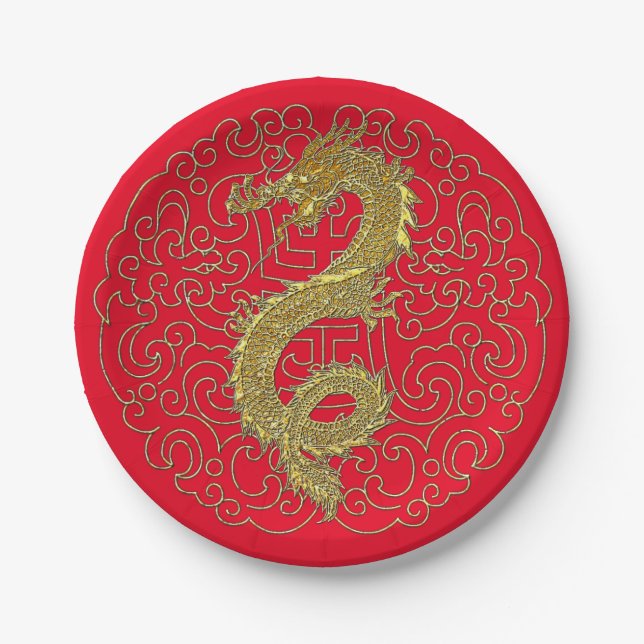 Gold Dragon on Chinese Traditional Pattern Paper Plates (Front)
