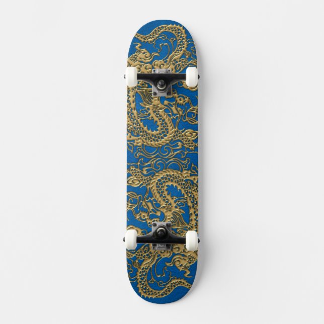 Gold Dragon on Lapis Blue Leather Texture Skateboard Deck (Front)