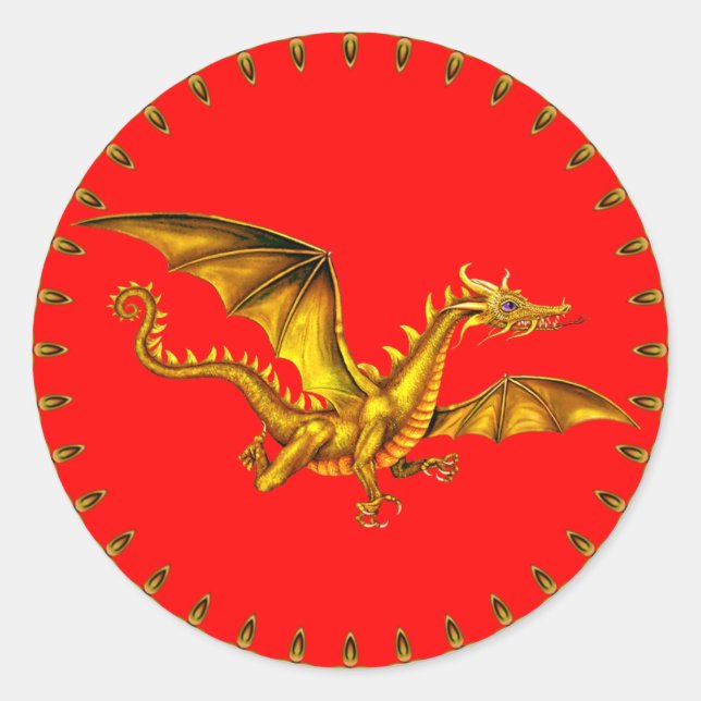 gold dragon on red classic round sticker (Front)