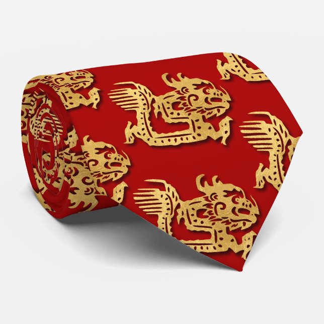 Gold Dragon Papercut Chinese New Year Zodiac Red  Neck Tie (Rolled)