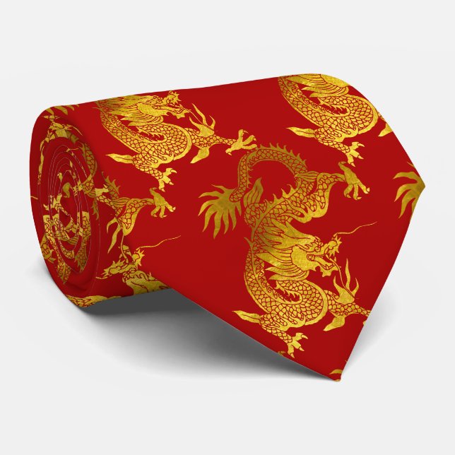 Gold Dragon Papercut Chinese New Year Zodiac Red Neck Tie (Rolled)