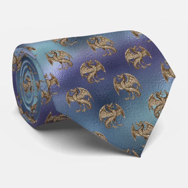 Gold Dragon Pattern on a Blue & Green Background Neck Tie (Rolled)
