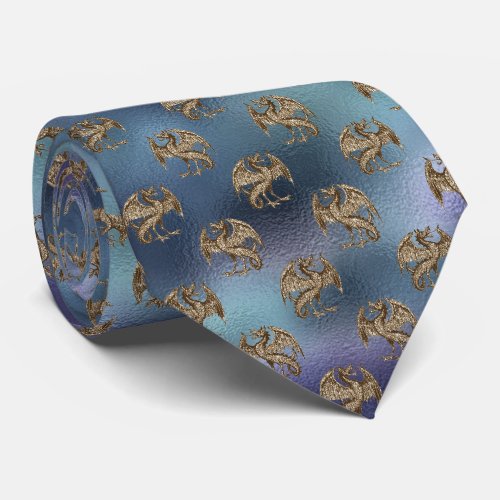 Gold Dragon Pattern on a Blue  Green Background Neck Tie