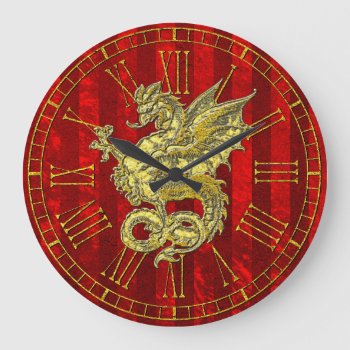 Gold Dragon Red Foil Stripe Large Clock by WRAPPED_TOO_TIGHT at Zazzle
