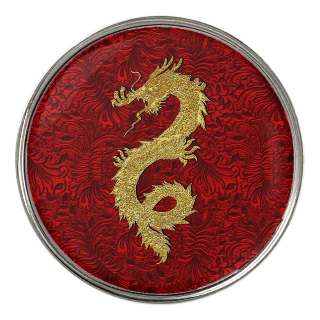 Gold Dragon Red Patina Background Golf Ball Marker (Front)