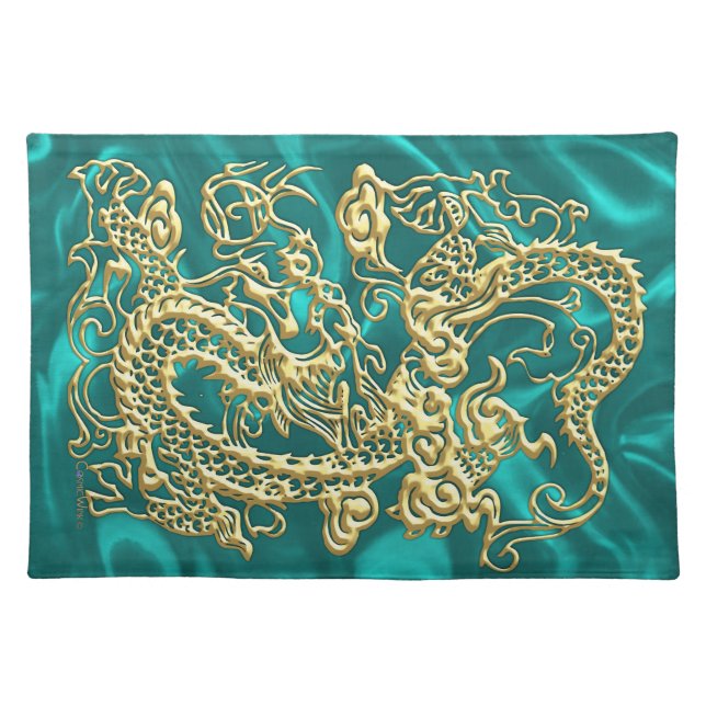 Gold Dragon Turquoise Satin Lush Placemat (Front)