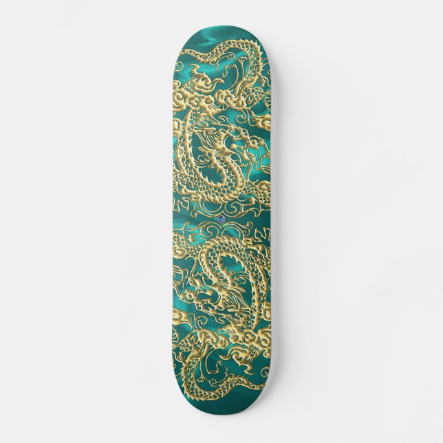 Gold Dragon Turquoise Satin Lush Skateboard (Front)