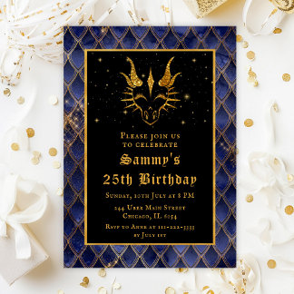 Gold Dragon with Navy Blue Scales Birthday Party Invitation