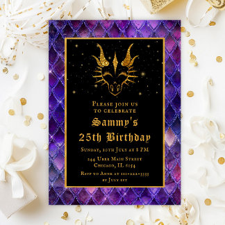 Gold Dragon with Purple Scales Birthday Party Invitation