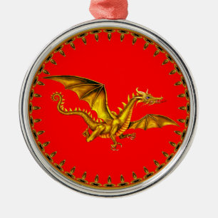 gold dragon with red background metal ornament