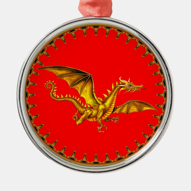 gold dragon with red background metal ornament (Front)