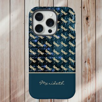Gold Dragonflies on Vintage Blue Green Background