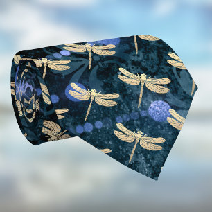 Gold Dragonflies on Vintage Teal Blue Damask Neck Tie