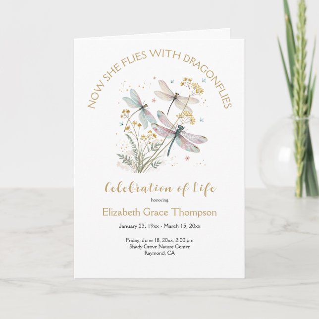 Gold Dragonfly Celebration of Life Funeral Program (Front)