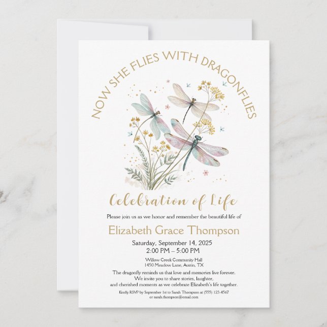 Gold Dragonfly Celebration of Life Invitation (Front)