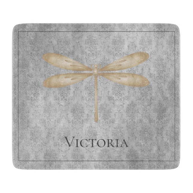 Gold Dragonfly Damask Cutting Board (Front)
