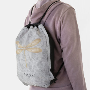 Gold Dragonfly Damask Drawstring Bag