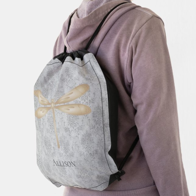 Gold Dragonfly Damask Drawstring Bag (Insitu)
