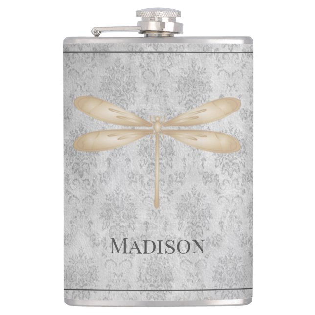 Gold Dragonfly Damask Flask (Front)