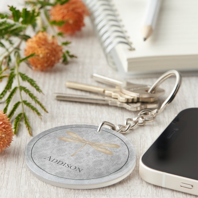 Gold Dragonfly Damask Keychain (Front Right)