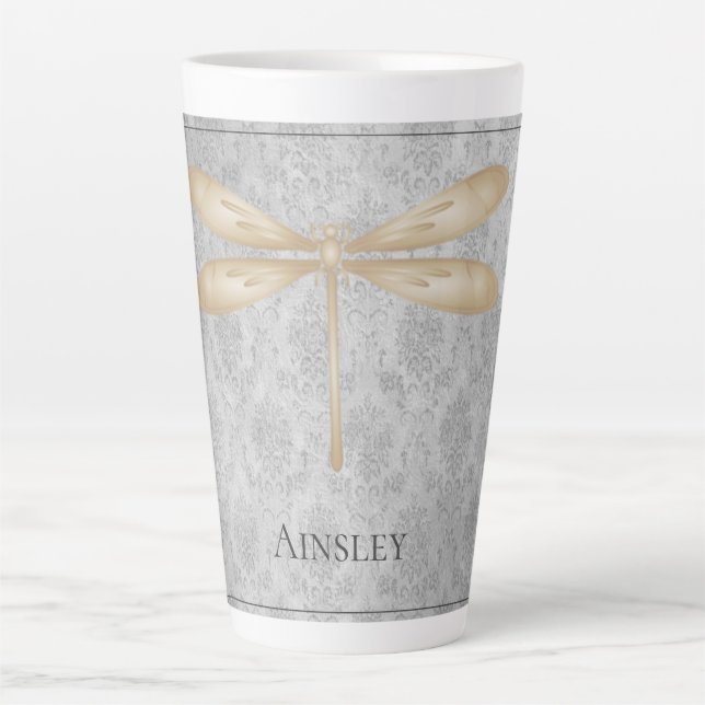 Gold Dragonfly Damask Latte Mug (Front)