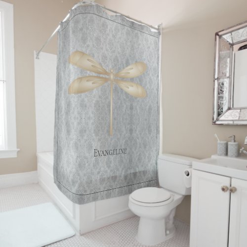Gold Dragonfly Damask Shower Curtain