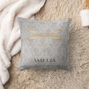 Gold Dragonfly Damask Throw Pillow