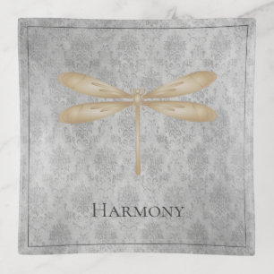 Gold Dragonfly Damask Trinket Tray